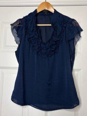 Forever 21 Navy Blue 100% Silk Ruffled Semi Sheer Blouse Size L